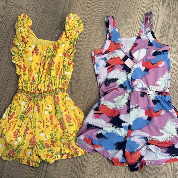 2 Girls's Peek & All In Motion size 8, Yellow Ruffle Floral & Purple Rompers - Picture 4 of 9